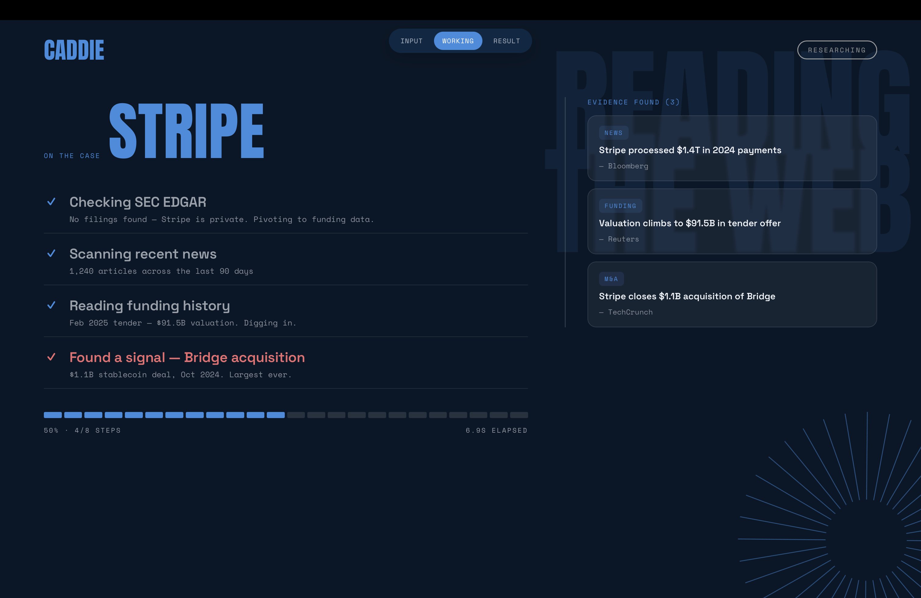 Caddie interface design — agent working view with evidence panel
