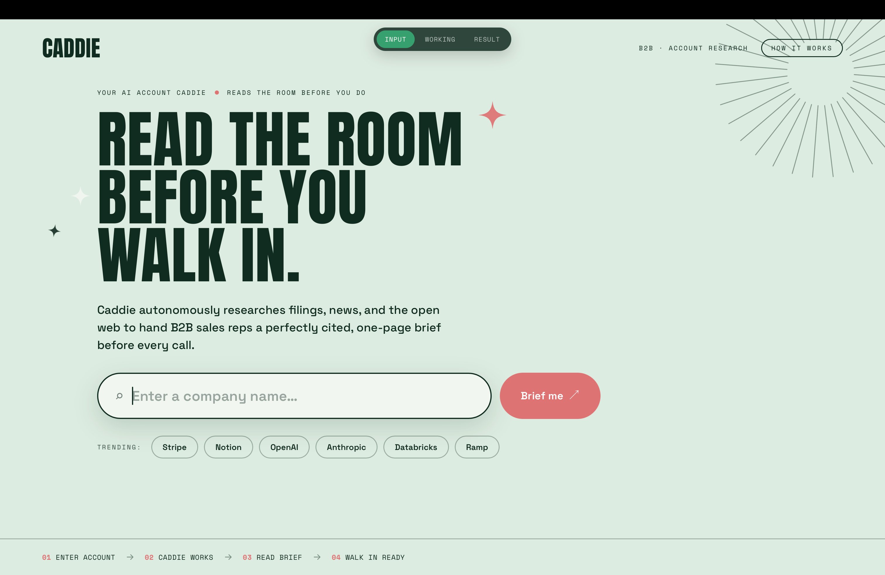Caddie input screen — enter a company name to start the research brief
